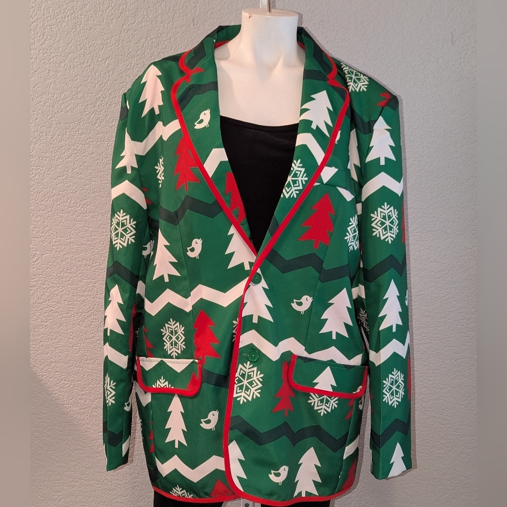 Ugly Christmas Red/Green Tree & Snowflakes Men’s Jacket Blazer Sport Coat -XL